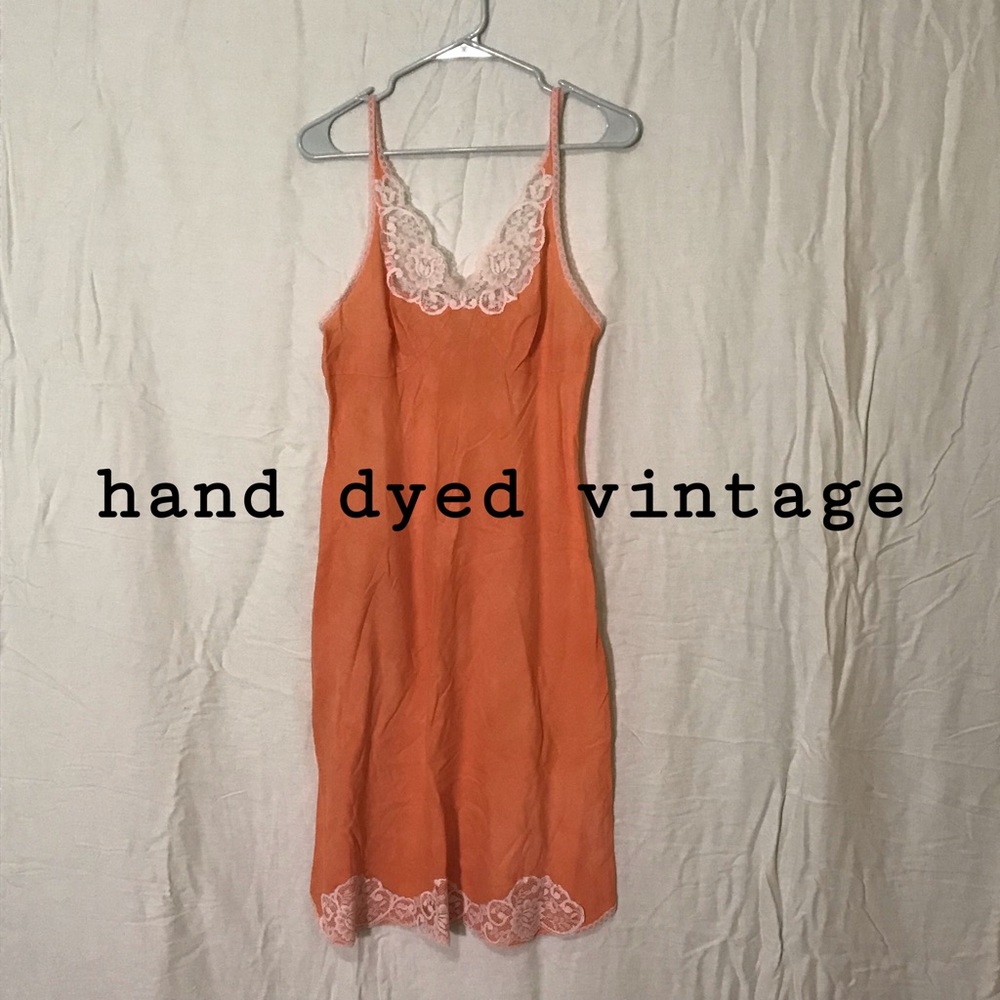 Vintage hand dyed cotton slip dress - orange pumpkin spice with white lace